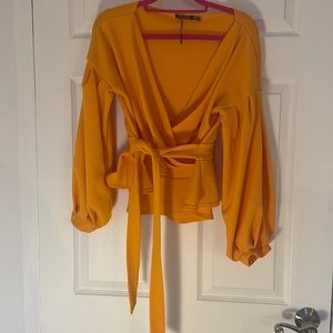 Balloon Sleeve Peplum Blouse from Boohoo in Orange